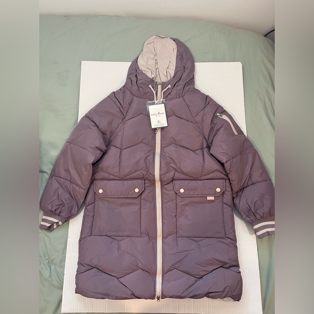 Women’s Purple Puffer Coat with Hood and Quilted Design